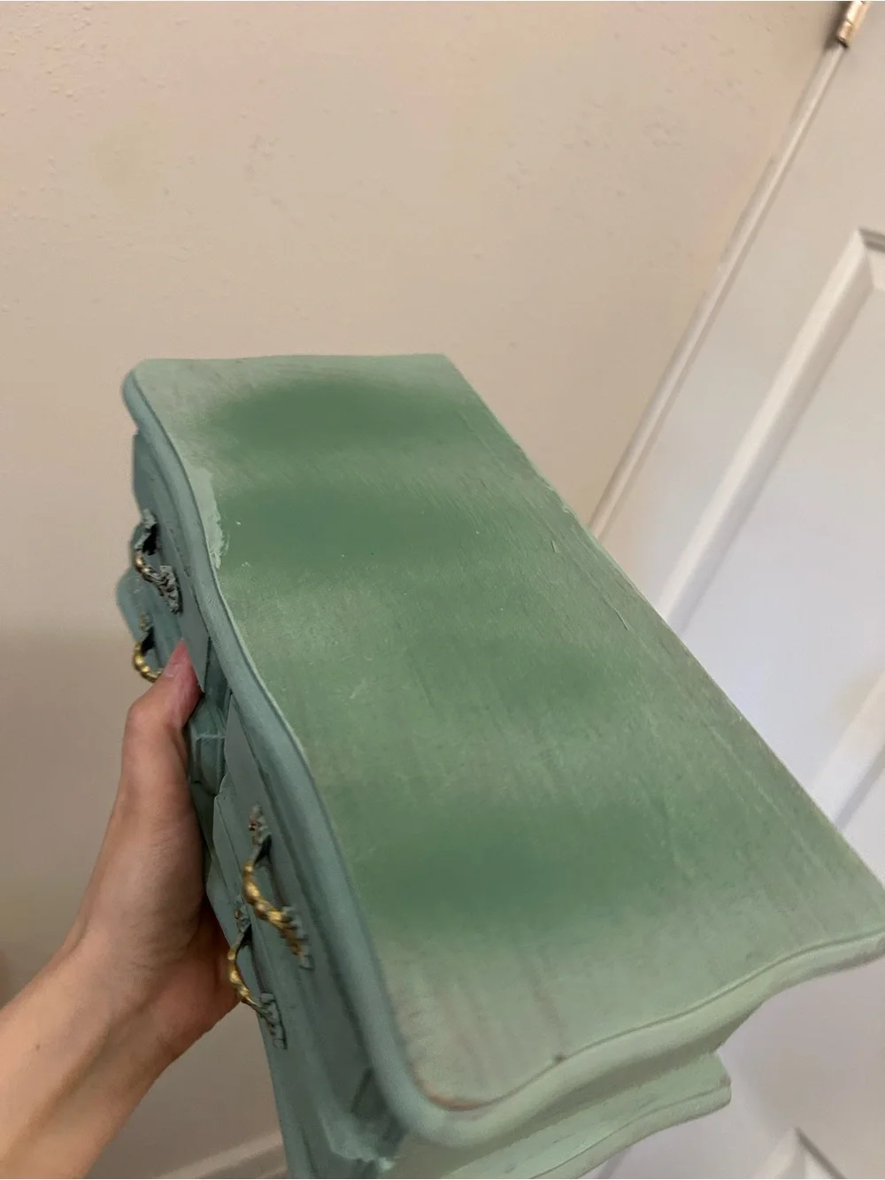 refurbished vintage jewelry box green painted finish ornate gold handles